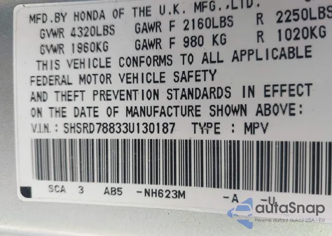 2003 Honda Cr-V Ex z USA, uszkodzony, nr VIN SHSRD78833U130187